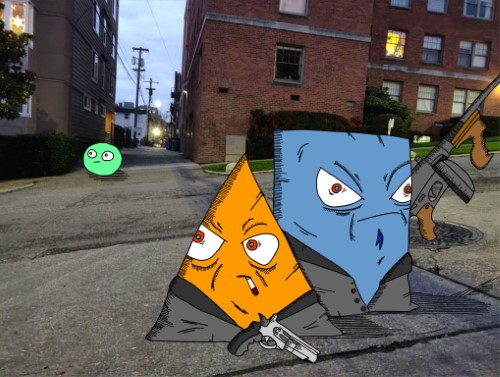 Triangle and Square monster gang ready to shoot at Round monster