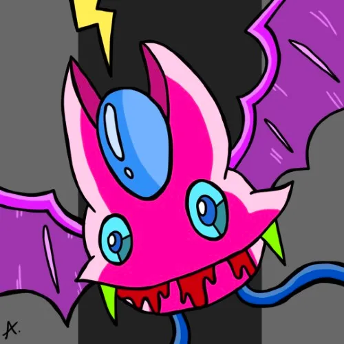 Menacing bat creature baring sharp green fangs with bold dark vibrant colors