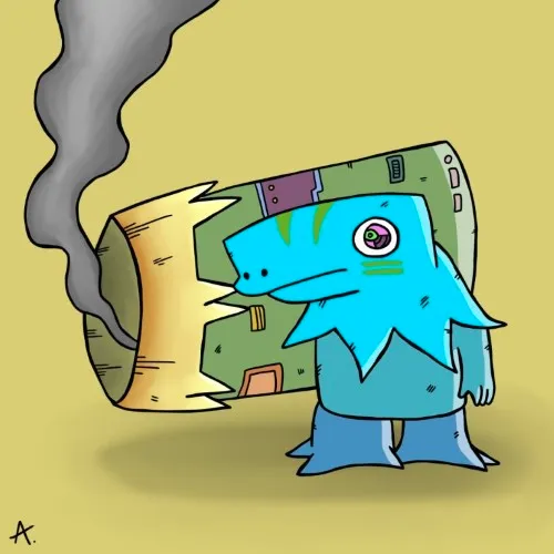 Quirky character wielding an oversized unconventional bazooka with bold confidence