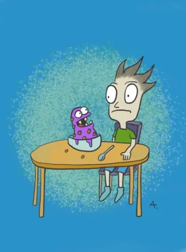 Purple cereal coming alive while trying to eat it and it's looking at me