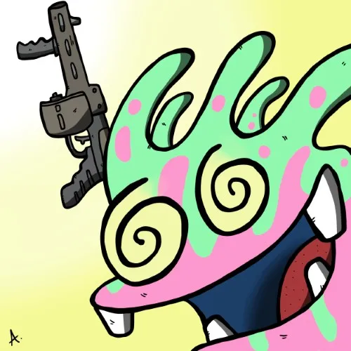 Gleefully chaotic cartoon character surrounded by colorful mayhem and joyful disorder