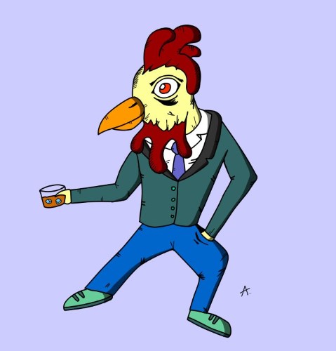 Suited up chicken drinking his favorite whisky