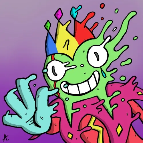 Exuberant clown character bursting with overwhelming joy and vibrant bold colors