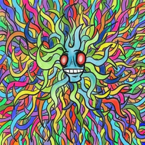 Little blue head with thousands of multi-color tentacles coming out of it
