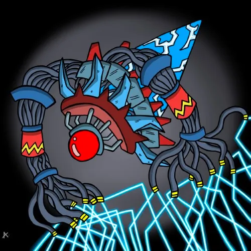 Powerful doomsday robot character channeling and wielding crackling bolts of lightning