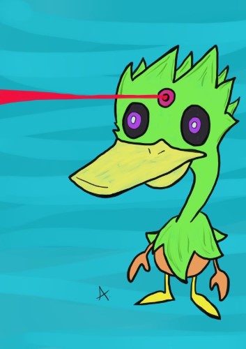 Green duck shooting a red ray from his third eye