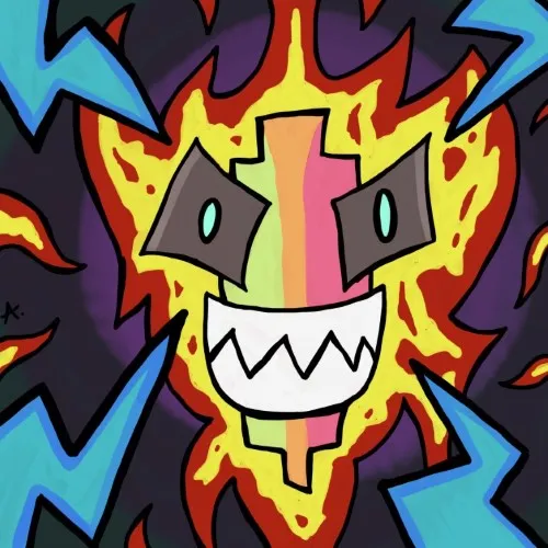 Electrified character setting off a smoke detector with sparking colorful circuitry