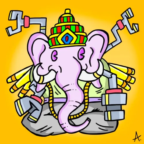 Massive robotic elephant deity towering as an all-powerful mechanical droid god