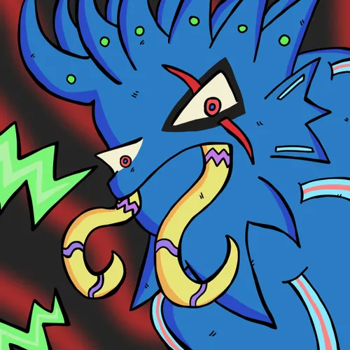 Dark digital illustration of a fanged creature surrounded by a raging storm