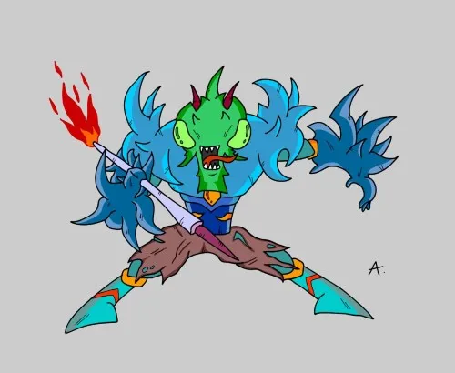 Alien faced monster with a big spear that has fire in it