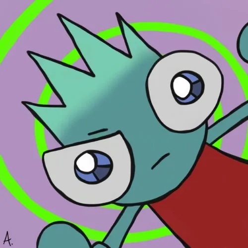 Little green-ish guy looking straight at the camera