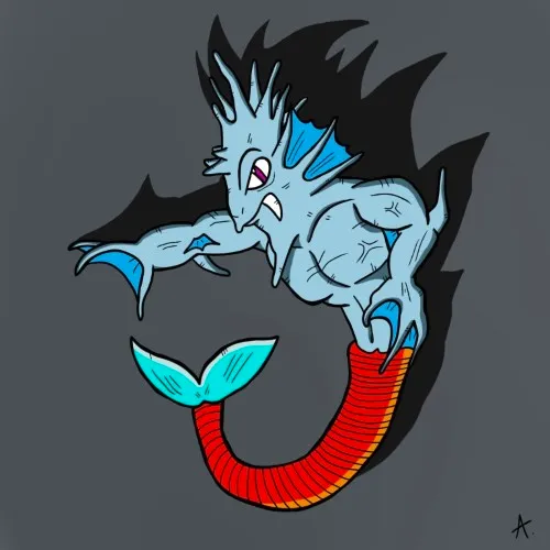 Quirky half-fish half-person hybrid character with colorful aquatic features