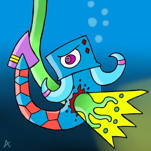 Cartoon character attempting a comical fishing lesson with colorful aquatic chaos