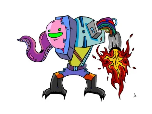 Tough flamethrower-wielding character blowing a big colorful bubblegum bubble