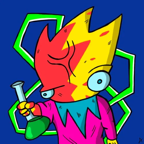 Mad scientist character mixing a bubbling colorful secret formula in the lab