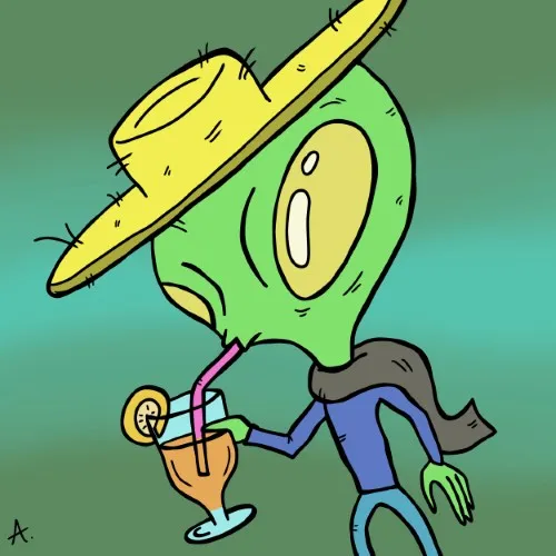 Space-faring farmer character enjoying a refreshing cosmic drink among the stars