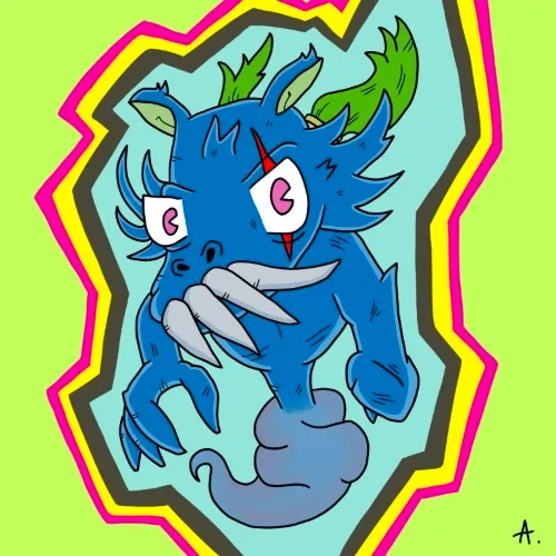 Mystical genie character emerging from a lamp with swirling colorful magical smoke