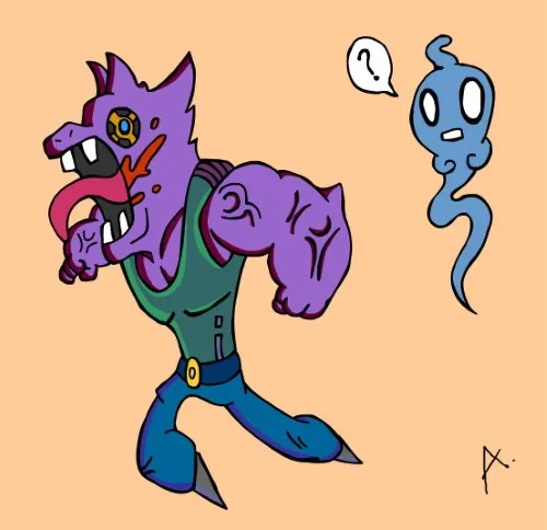 Panicked character sprinting away from pursuing colorful inner ghost apparitions