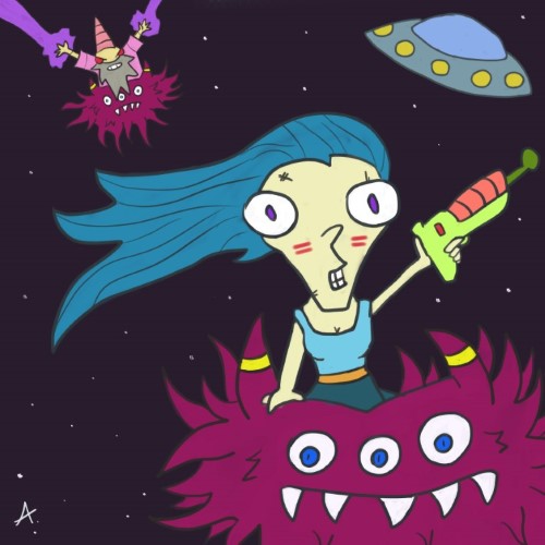 Girl escaping from magician in space. There is also a spaceship nearby.