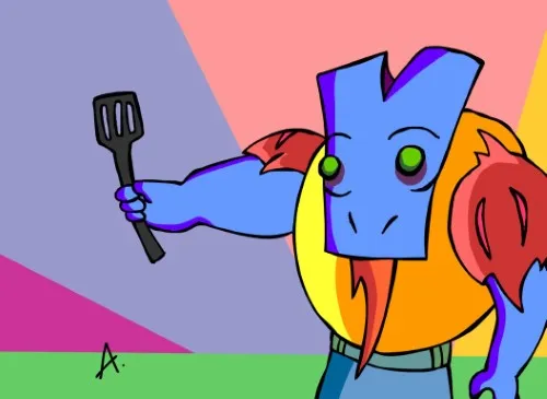 Lively character grilling outdoors in a vibrant colorful summer celebration scene