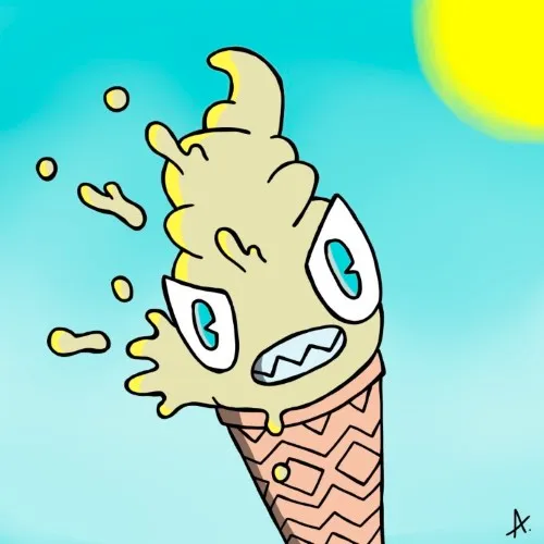 Colorful melting ice cream character surviving a scorching vibrant summer heatwave