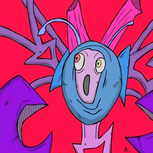 Blue robot looking at something shocked