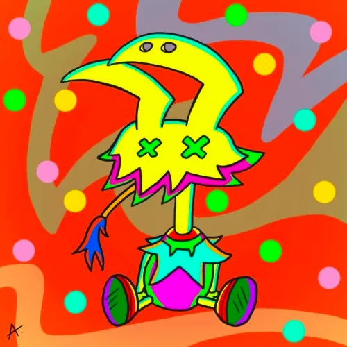 Creepy cartoon character lurking in a strange and colorful haunted landscape