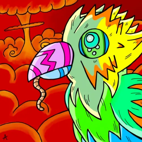 Dramatic cartoon reimagining of a final supper scene with colorful quirky characters