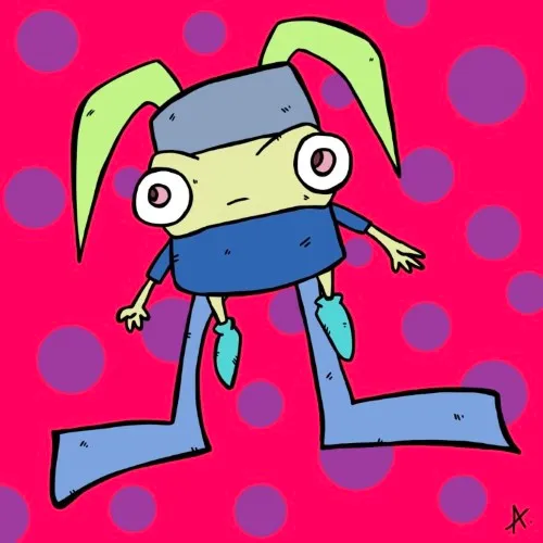 Bewildered cartoon character drifting through swirling colorful portals of time