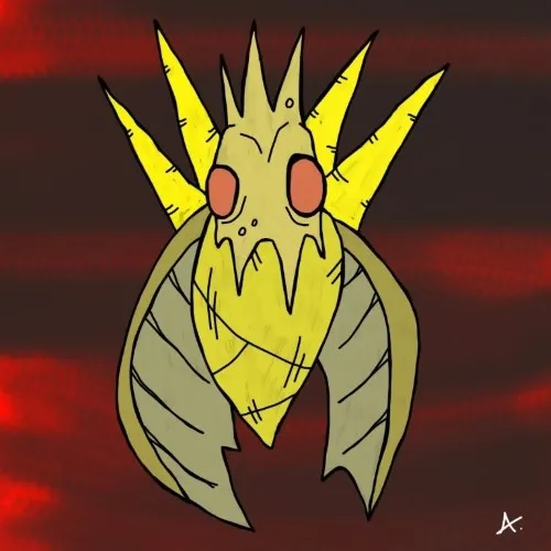 Colorful cartoon moth character with detailed vibrant wings drawn to bright light