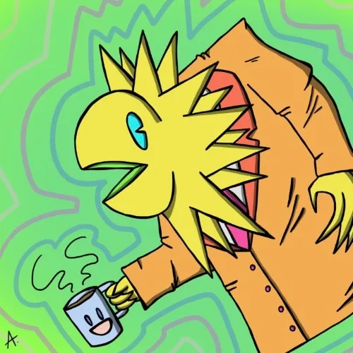 Quirky cartoon character enduring a chaotic and colorful day at the office