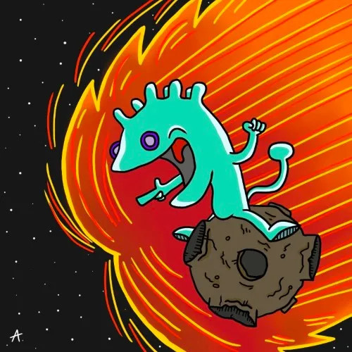 Alien character traveling through colorful space on an exciting journey to Earth