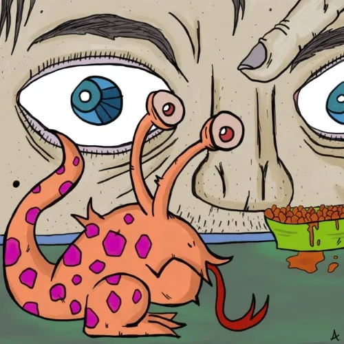 Owner feeding little monster some disgusting orange food