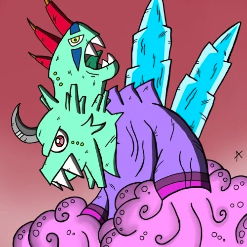 Threatening character emerging from swirling pink mist with menacing colorful intent