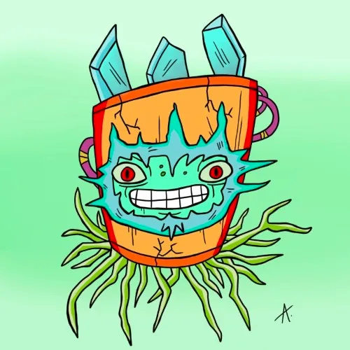 Lively sentient plant character growing with bold colorful leaves and personality