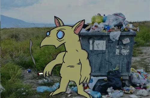Rat smoking next to garbage container