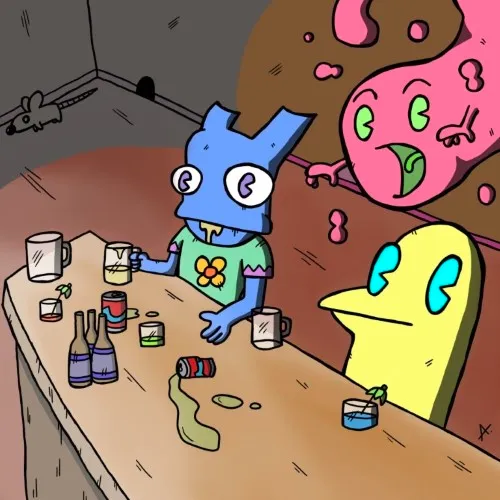 Tipsy characters having close encounters at a vibrant and colorful pub scene