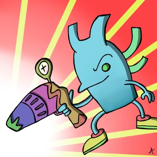 Cartoon character caught in the middle of a wild and chaotic robbery scene