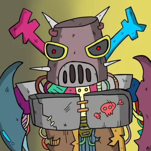 Worn-out rusty robot character with corroded metal and faded colorful paint