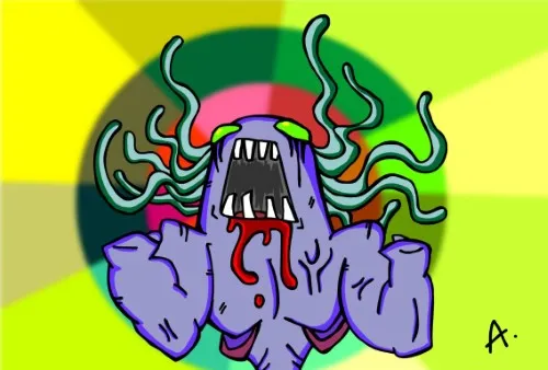 Frustrated screaming character slowly going nowhere in a vibrant colorful void