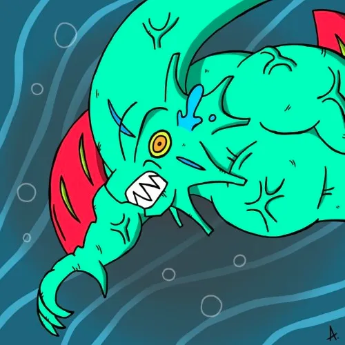 Bold and colorful cartoon shark character with a fierce toothy grin