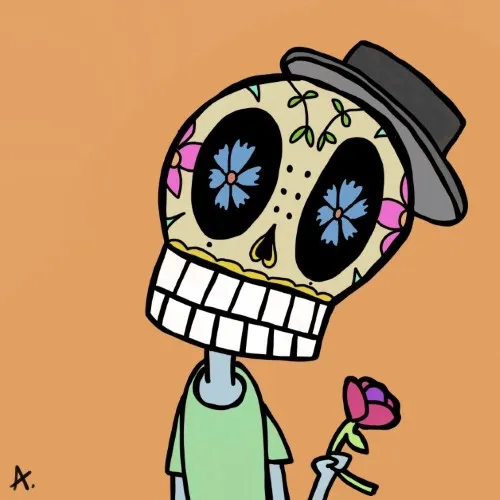Decorated skeleton character adorned with vibrant roses and colorful skull patterns