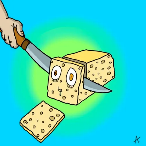 Sharp cartoon character delivering a dramatic colorful slicing action in bold pose