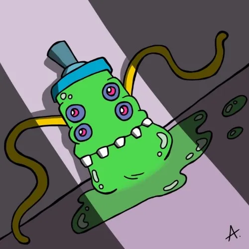 Four-eyed slimy guardian creature staring intensely with a gooey colorful body