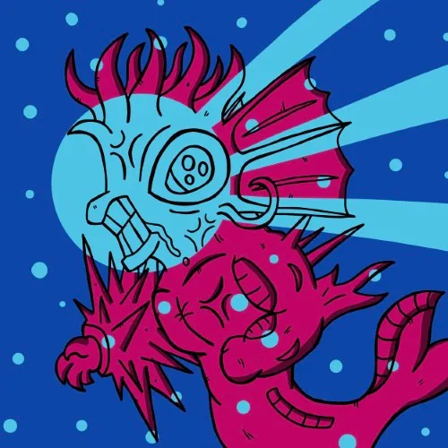 Spiky neon fish character swimming through a colorful glowing underwater adventure