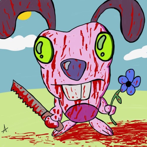 Little sweet doggy with a nice flower and a knife, covered in blood after some action