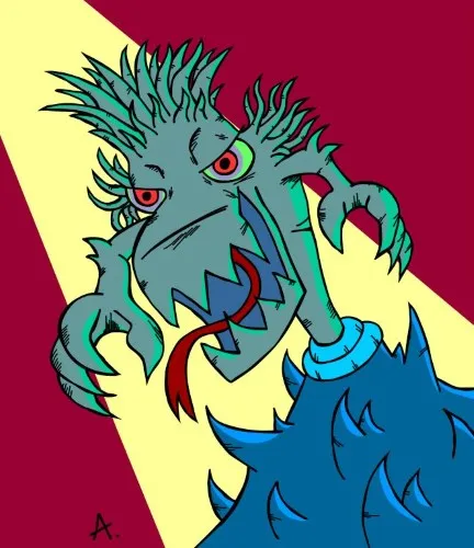 Blue monster with big mouth about to fight