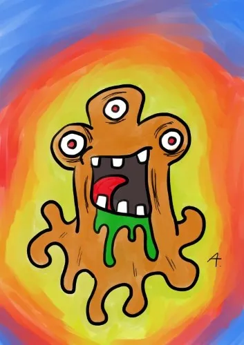 Three eyed orange monster drooling