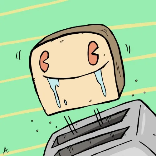 Bold cartoon character looking charred and toasted with smoke rising from its body