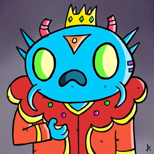 Hesitant royal character wearing a crown and looking unsure of their throne